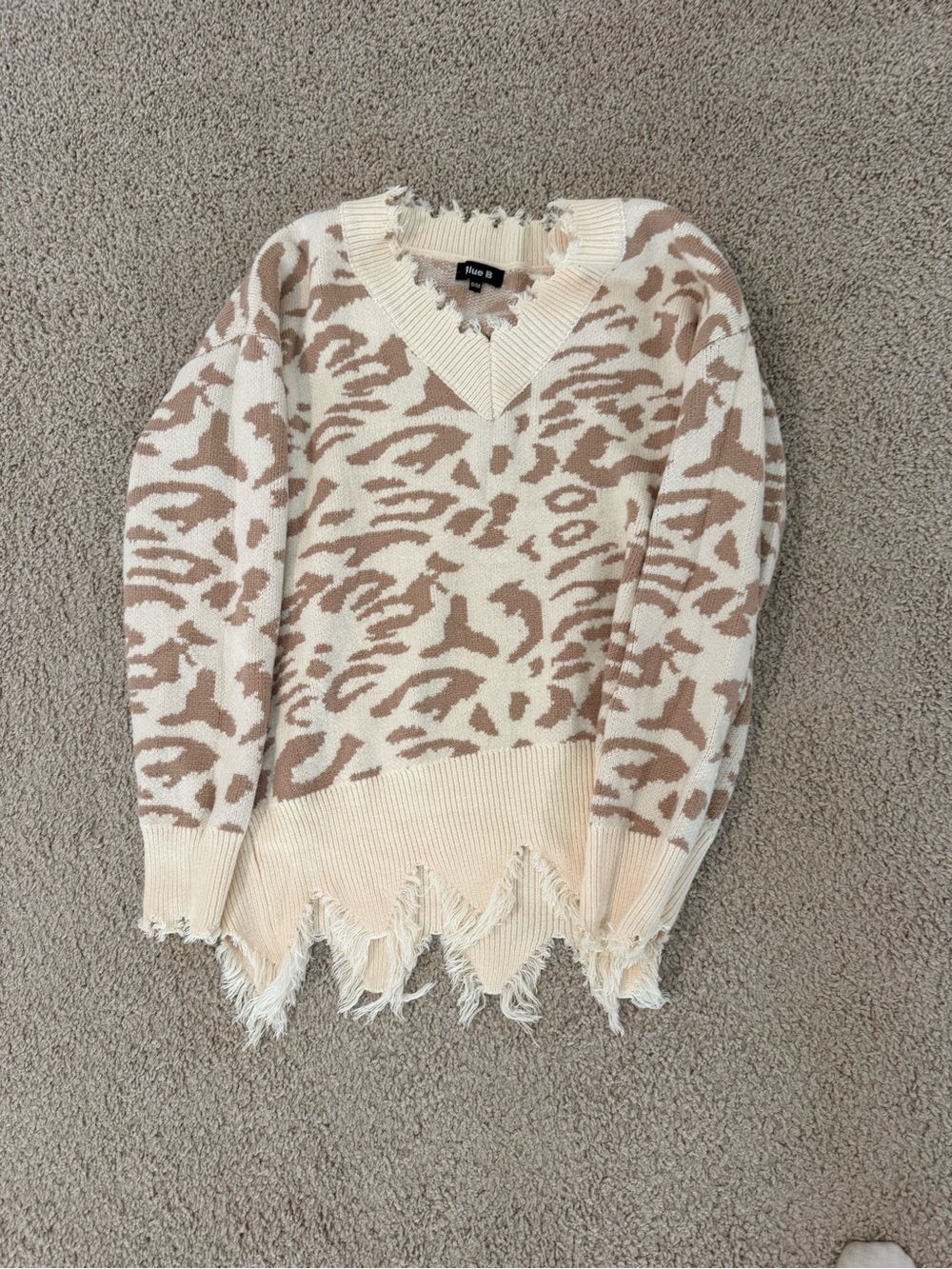 Distressed Animal-Print V-Neck Sweater in Cream & Taupe